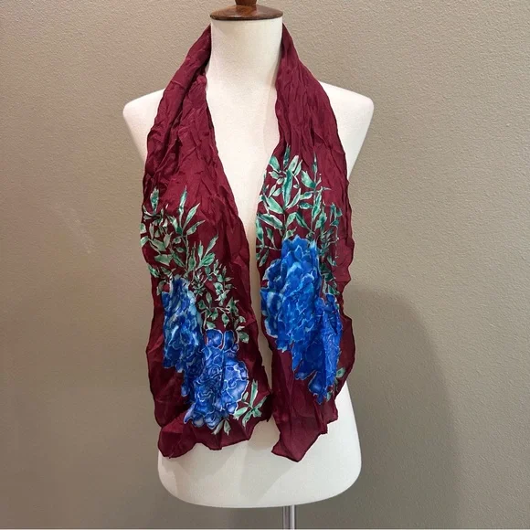 Elegant Floral Scarf in Burgundy and Blue Hydrangea Floral Silk - Picture 2 of 9